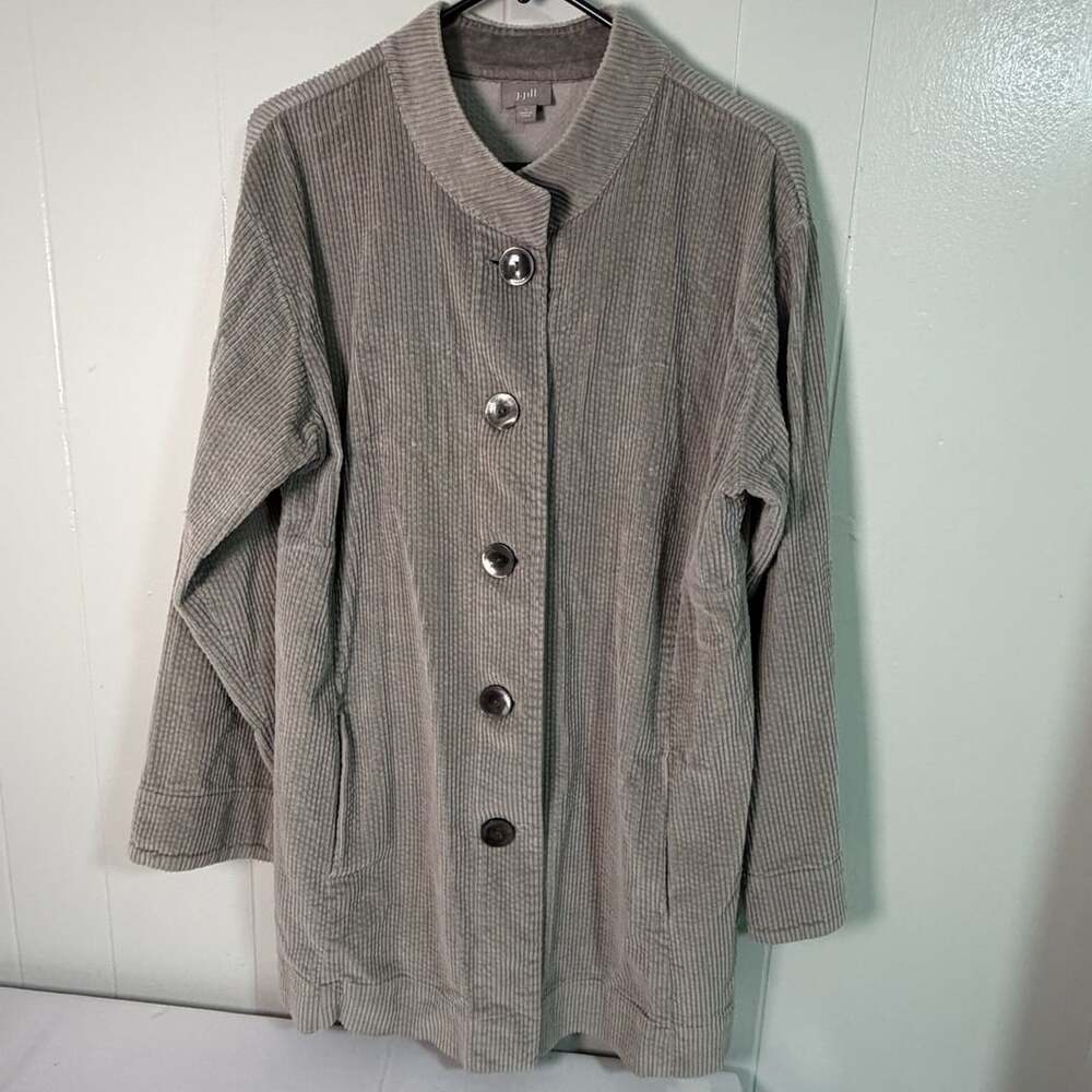 J.Jill Corduroy Jacket Size L Gray Button Front Coat Velvet Trim